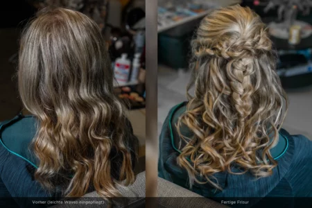 Vorher / Nachher: Brautfrisur halboffen mit Flechtungen Vorher / Nachher: Brautfrisur halboffen mit Flechtungen