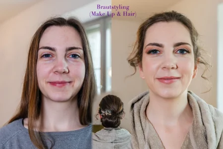 Make Up & dezente Brautfrisur Brautstyling Vorher/Nachher