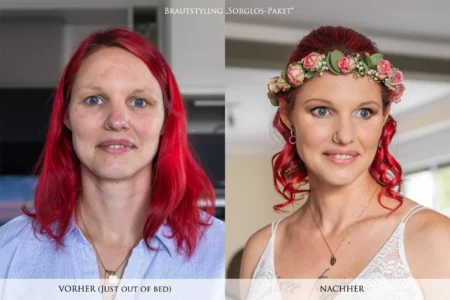 (»Sorglospaket« inkl. Probestyling sowie Hair & Make Up) Vorher / Nachher – Brautstyling